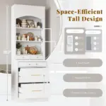 Modern 83.7inch High Kitchen Pantry, Freestanding Tall Kitchen Hutch with Faux Marble Top, Display Cupboard Cabinet with 5 Storage Drawers and Adjustable Shelf, White