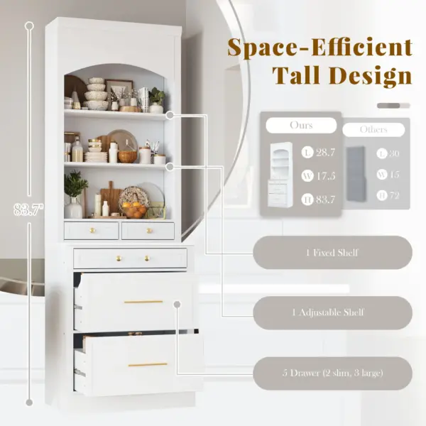 Modern 83.7inch High Kitchen Pantry, Freestanding Tall Kitchen Hutch with Faux Marble Top, Display Cupboard Cabinet with 5 Storage Drawers and Adjustable Shelf, White