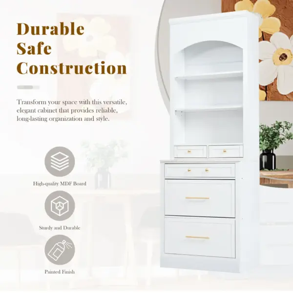 Modern 83.7inch High Kitchen Pantry, Freestanding Tall Kitchen Hutch with Faux Marble Top, Display Cupboard Cabinet with 5 Storage Drawers and Adjustable Shelf, White