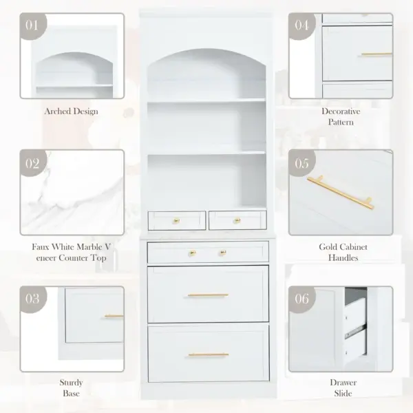 Modern 83.7inch High Kitchen Pantry, Freestanding Tall Kitchen Hutch with Faux Marble Top, Display Cupboard Cabinet with 5 Storage Drawers and Adjustable Shelf, White
