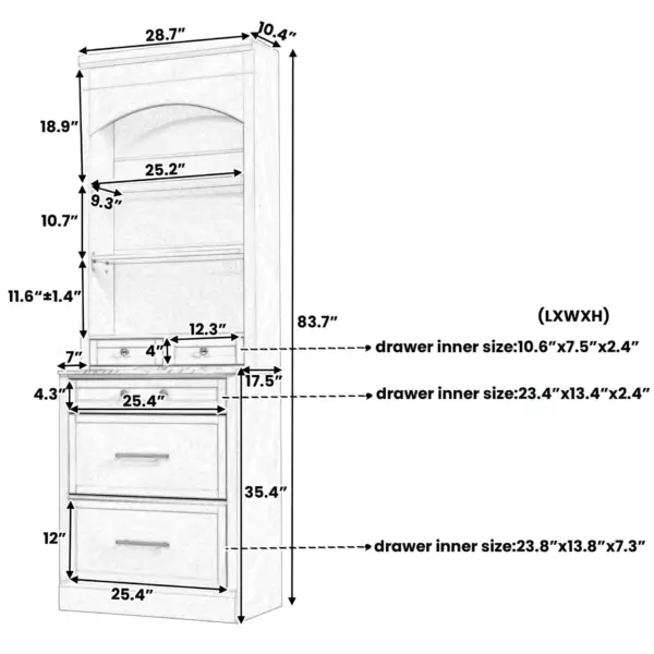 Modern 83.7inch High Kitchen Pantry, Freestanding Tall Kitchen Hutch with Faux Marble Top, Display Cupboard Cabinet with 5 Storage Drawers and Adjustable Shelf, White
