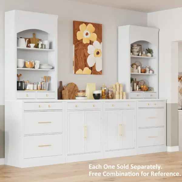 Modern 83.7inch High Kitchen Pantry, Freestanding Tall Kitchen Hutch with Faux Marble Top, Display Cupboard Cabinet with 5 Storage Drawers and Adjustable Shelf, White