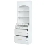 Modern 83.7inch High Kitchen Pantry, Freestanding Tall Kitchen Hutch with Faux Marble Top, Display Cupboard Cabinet with 5 Storage Drawers and Adjustable Shelf, White