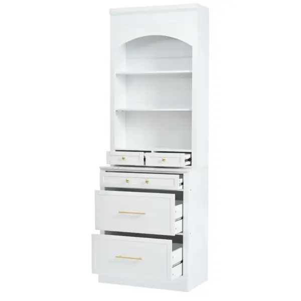 Modern 83.7inch High Kitchen Pantry, Freestanding Tall Kitchen Hutch with Faux Marble Top, Display Cupboard Cabinet with 5 Storage Drawers and Adjustable Shelf, White