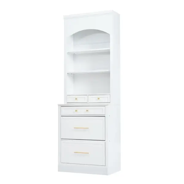 Modern 83.7inch High Kitchen Pantry, Freestanding Tall Kitchen Hutch with Faux Marble Top, Display Cupboard Cabinet with 5 Storage Drawers and Adjustable Shelf, White