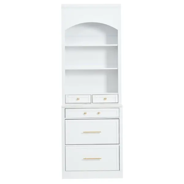 Modern 83.7inch High Kitchen Pantry, Freestanding Tall Kitchen Hutch with Faux Marble Top, Display Cupboard Cabinet with 5 Storage Drawers and Adjustable Shelf, White