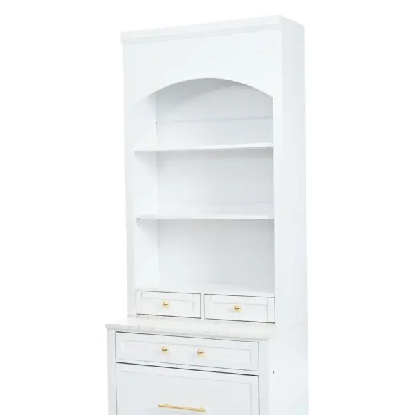 Modern 83.7inch High Kitchen Pantry, Freestanding Tall Kitchen Hutch with Faux Marble Top, Display Cupboard Cabinet with 5 Storage Drawers and Adjustable Shelf, White