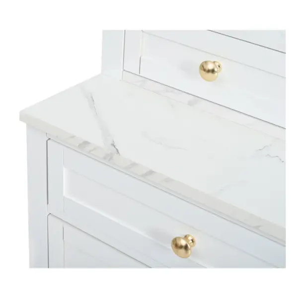 Modern 83.7inch High Kitchen Pantry, Freestanding Tall Kitchen Hutch with Faux Marble Top, Display Cupboard Cabinet with 5 Storage Drawers and Adjustable Shelf, White