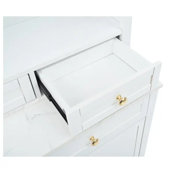 Modern 83.7inch High Kitchen Pantry, Freestanding Tall Kitchen Hutch with Faux Marble Top, Display Cupboard Cabinet with 5 Storage Drawers and Adjustable Shelf, White