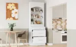 Modern 83.7inch High Kitchen Pantry, Freestanding Tall Kitchen Hutch with Faux Marble Top, Display Cupboard Cabinet with 5 Storage Drawers and Adjustable Shelf, White