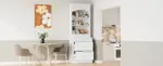 Modern 83.7inch High Kitchen Pantry, Freestanding Tall Kitchen Hutch with Faux Marble Top, Display Cupboard Cabinet with 5 Storage Drawers and Adjustable Shelf, White