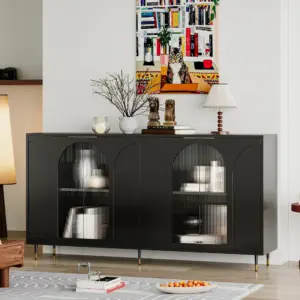 Accent Cabinet Black Lacquered Wooden Cabinet with 4 Glass Doors Sideboard Buffet Server Cabinet Storage Cabinet, for Living Room, Entryway, Hallway, Office, Kitchen and Dining Room