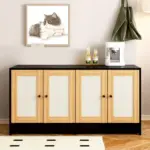 Double Litter Box Enclosure,Cat Litter Box Enclosure for 2 Cats, Hidden Litter Box Furniture with Rattan Doors, 47' L x 19.8' W x 21.8' H,Black