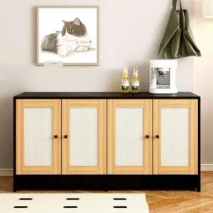 Double Litter Box Enclosure,Cat Litter Box Enclosure for 2 Cats, Hidden Litter Box Furniture with Rattan Doors, 47' L x 19.8' W x 21.8' H,Black