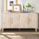 59'' Farmhouse Curved Vintage Storage Sideboard with Large Wooden Handles, Vertical Wood Grain Carving and Adjustable Shelves for Kitchen,Dining Room (Natural Wood Washed)