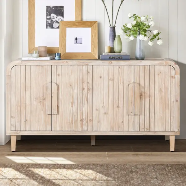 59'' Farmhouse Curved Vintage Storage Sideboard with Large Wooden Handles, Vertical Wood Grain Carving and Adjustable Shelves for Kitchen,Dining Room (Natural Wood Washed)