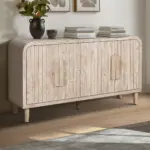 59'' Farmhouse Curved Vintage Storage Sideboard with Large Wooden Handles, Vertical Wood Grain Carving and Adjustable Shelves for Kitchen,Dining Room (Natural Wood Washed)
