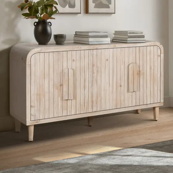 59'' Farmhouse Curved Vintage Storage Sideboard with Large Wooden Handles, Vertical Wood Grain Carving and Adjustable Shelves for Kitchen,Dining Room (Natural Wood Washed)