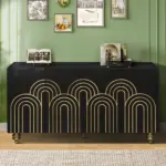 Modern Fluted Sideboard Buffet with Storage, Curve Element with Strict Lines, 4 Doors Storage Cabinet with Adjustable Shelves for Kitchen, Dining Room, Living Room (Black)