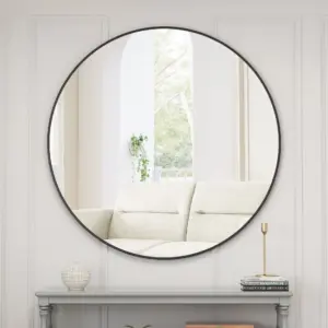 Wall Mirror 39 Inch Black Circular Mirror Metal Framed Mirror Round Vanity Mirror Dressing Mirror, for Bathroom, Living Room, Bedroom Wall Decor