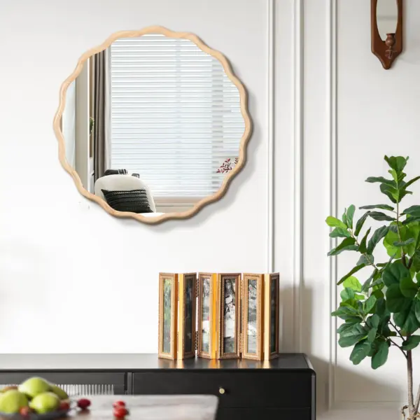 Solid Wood Wavy Mirror--Natural-Wood Vanity Mirror Wall Decor 31' x 31' Modern Mirror Wall Decor for Bathroom, Bedroom, Living Room, Dining Room, Cloakroom, Entryway