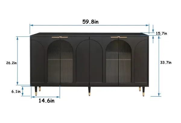 Accent Cabinet Black Lacquered Wooden Cabinet with 4 Glass Doors Sideboard Buffet Server Cabinet Storage Cabinet, for Living Room, Entryway, Hallway, Office, Kitchen and Dining Room
