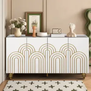 Modern Fluted Sideboard Buffet with Storage, Curve Element with Strict Lines, 4 Doors Storage Cabinet with Adjustable Shelves for Kitchen, Dining Room, Living Room (White)