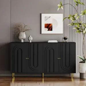 Modern Black Lacquered 4 Door Wooden Cabinet Sideboard Buffet Server Cabinet Storage Cabinet, for Living Room, Entryway, Hallway, Office, Kitchen and Dining Room