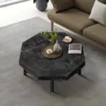 Wood Octagonal Vintage Patchwork Craft Farmhouse 30 Inch Wooden Table Top Cross Metal Legs Coffee Table for Living Room(Antique Black)