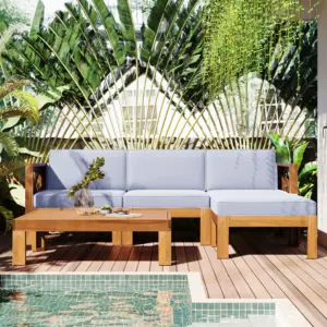 Outdoor Backyard Patio Wood 5-Piece Sectional Sofa Seating Group Set with Cushions, Natural Finish+ Gray Cushions