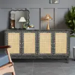Handcrafted Premium Grain Panels,Rattan Sideboard Buffer Cabinet With 4 Rattan Doors, Modern Storage Cupboard Console Table with Adjustable Shelves for Living Room(Antique Dark Gray)