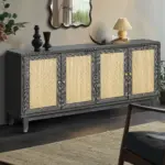 Handcrafted Premium Grain Panels,Rattan Sideboard Buffer Cabinet With 4 Rattan Doors, Modern Storage Cupboard Console Table with Adjustable Shelves for Living Room(Antique Dark Gray)