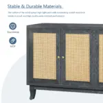 Handcrafted Premium Grain Panels,Rattan Sideboard Buffer Cabinet With 4 Rattan Doors, Modern Storage Cupboard Console Table with Adjustable Shelves for Living Room(Antique Dark Gray)