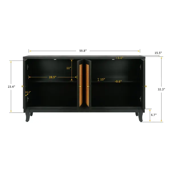 Handcrafted Premium Grain Panels,Rattan Sideboard Buffer Cabinet With 4 Rattan Doors, Modern Storage Cupboard Console Table with Adjustable Shelves for Living Room(Antique Dark Gray)