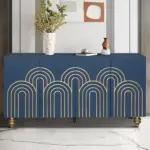 Modern Fluted Sideboard Buffet with Storage, Curve Element with Strict Lines, 4 Doors Storage Cabinet with Adjustable Shelves for Kitchen, Dining Room, Living Room (Navy Blue)