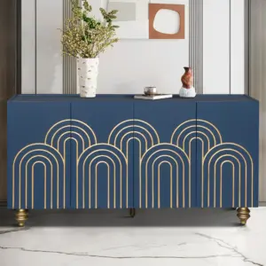 Modern Fluted Sideboard Buffet with Storage, Curve Element with Strict Lines, 4 Doors Storage Cabinet with Adjustable Shelves for Kitchen, Dining Room, Living Room (Navy Blue)