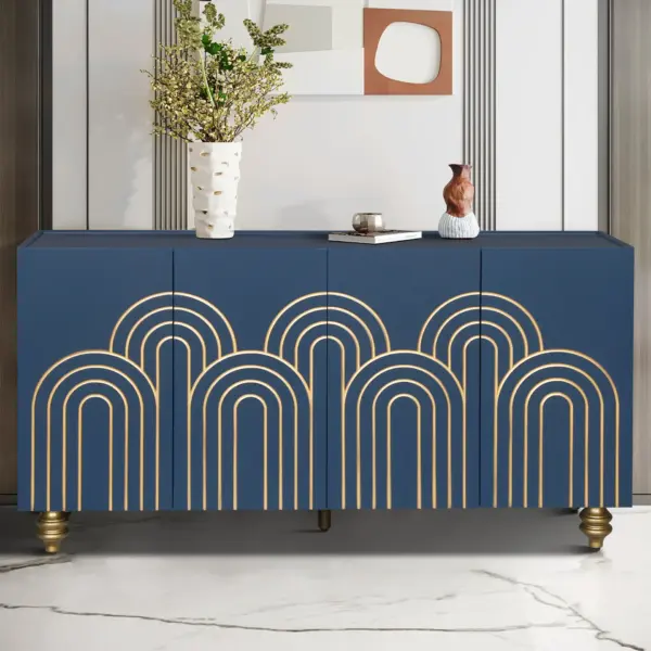 Modern Fluted Sideboard Buffet with Storage, Curve Element with Strict Lines, 4 Doors Storage Cabinet with Adjustable Shelves for Kitchen, Dining Room, Living Room (Navy Blue)