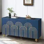 Modern Fluted Sideboard Buffet with Storage, Curve Element with Strict Lines, 4 Doors Storage Cabinet with Adjustable Shelves for Kitchen, Dining Room, Living Room (Navy Blue)