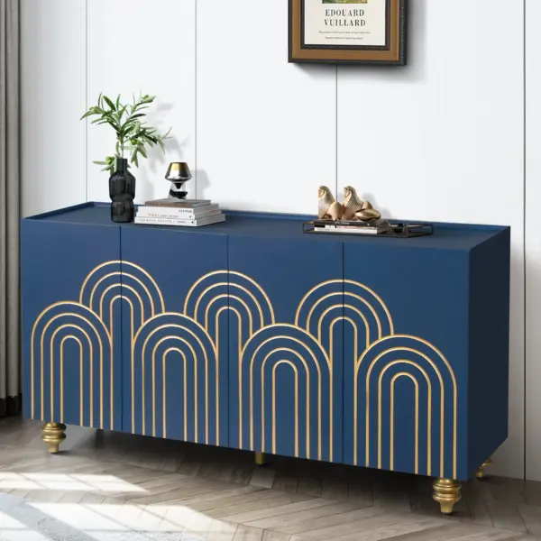 Modern Fluted Sideboard Buffet with Storage, Curve Element with Strict Lines, 4 Doors Storage Cabinet with Adjustable Shelves for Kitchen, Dining Room, Living Room (Navy Blue)