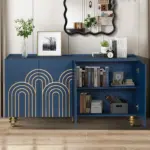 Modern Fluted Sideboard Buffet with Storage, Curve Element with Strict Lines, 4 Doors Storage Cabinet with Adjustable Shelves for Kitchen, Dining Room, Living Room (Navy Blue)