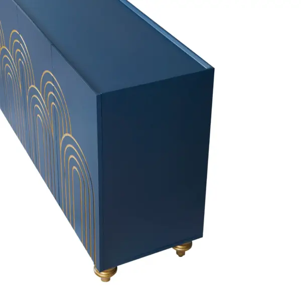 Modern Fluted Sideboard Buffet with Storage, Curve Element with Strict Lines, 4 Doors Storage Cabinet with Adjustable Shelves for Kitchen, Dining Room, Living Room (Navy Blue)