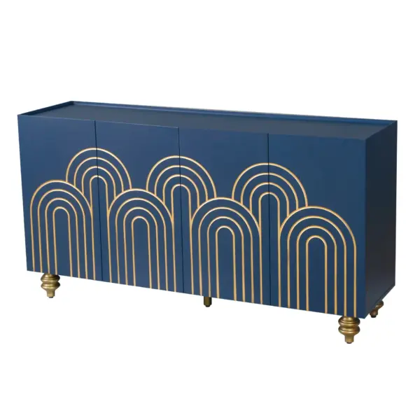 Modern Fluted Sideboard Buffet with Storage, Curve Element with Strict Lines, 4 Doors Storage Cabinet with Adjustable Shelves for Kitchen, Dining Room, Living Room (Navy Blue)