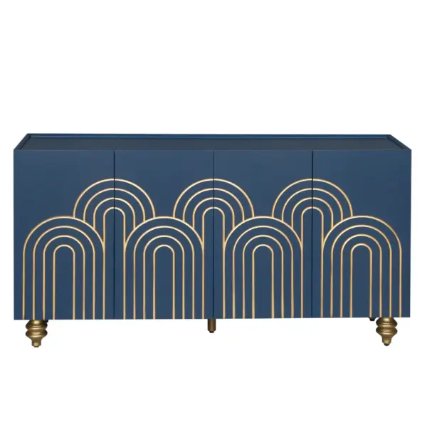 Modern Fluted Sideboard Buffet with Storage, Curve Element with Strict Lines, 4 Doors Storage Cabinet with Adjustable Shelves for Kitchen, Dining Room, Living Room (Navy Blue)