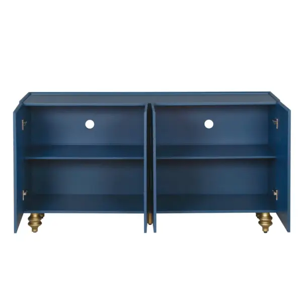 Modern Fluted Sideboard Buffet with Storage, Curve Element with Strict Lines, 4 Doors Storage Cabinet with Adjustable Shelves for Kitchen, Dining Room, Living Room (Navy Blue)
