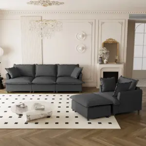 3 Piece Living Room Sofa Set,Modular L Shaped Chenille Sectional Couch,Upholstered 3 Seater Sofa & Armchair & Movable Ottoman,5 Seat Indoor Furniture for Office,Bedroom,Apartment,2 Colors