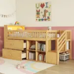 Twin Size Loft Bed with LED and Bookshelf, Wood Low Loft Bed with Stairs, Kids Twin Loft Bed with Storage Drawers and Shelves, Natural (Expect Arrival Date 2025/1/20)