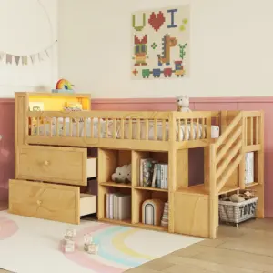 Twin Size Loft Bed with LED and Bookshelf, Wood Low Loft Bed with Stairs, Kids Twin Loft Bed with Storage Drawers and Shelves, Natural (Expect Arrival Date 2025/1/20)