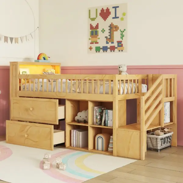 Twin Size Loft Bed with LED and Bookshelf, Wood Low Loft Bed with Stairs, Kids Twin Loft Bed with Storage Drawers and Shelves, Natural (Expect Arrival Date 2025/1/20)
