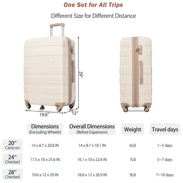 Luggage Sets 4 Piece, Expandable ABS Durable Suitcase with Travel Bag, Carry On Luggage Suitcase Set with 360 Spinner Wheels, ivory and golden