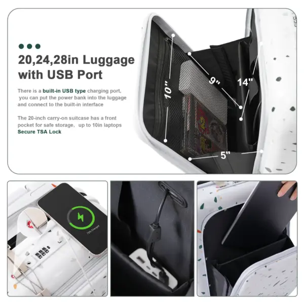 Luggage Set of 3, 20, 24, 28inch with USB Port, 20, 24inch with front opening design Airline Certified Carry on Luggage with Cup Holder, ABS+PC Hard Shell Luggage with Spinner Wheels, starry sky white